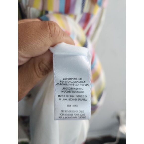 Julia Jordan Beige w/Blue Pink Yellow Strips Tiered Cotton Midi Dress size 16 - Picture 10 of 10